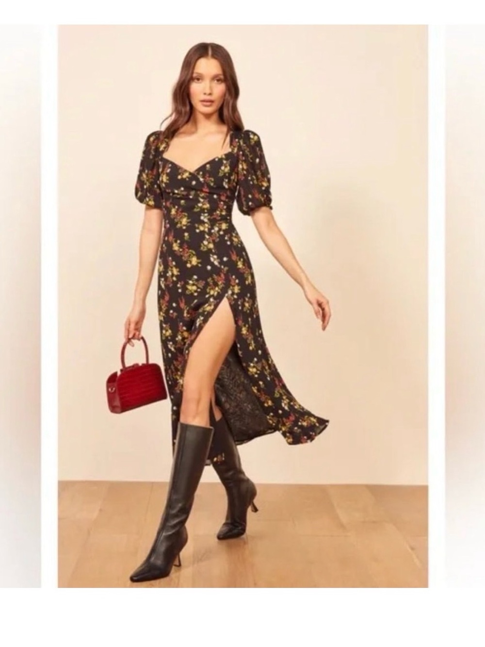 Reformation Floral Puff-Sleeve Black Midi Dress with Side Slit